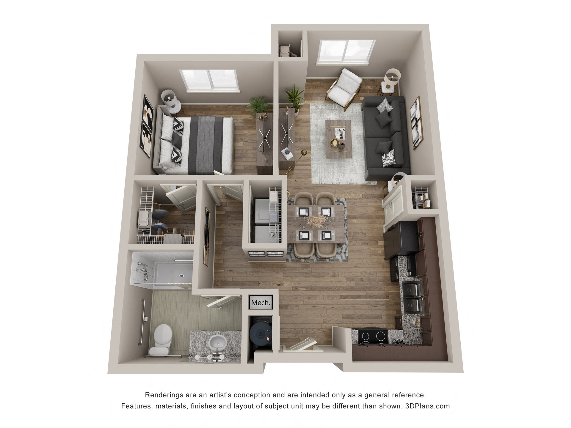 Floor plan for 1 bed, 1 bath, 652 sqft